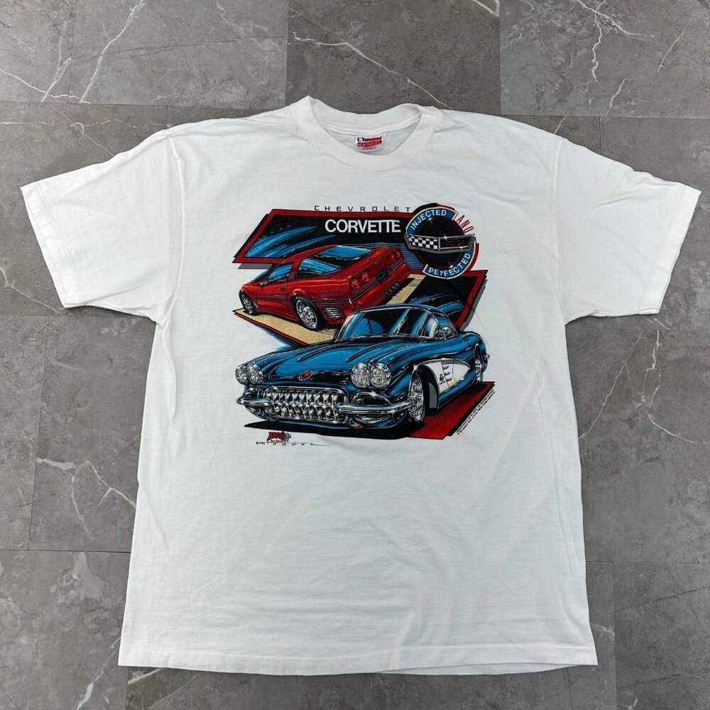 90s Vintage Corvette Graphic Tee Mens XL Chevy Chevrolet Short Sleeve White